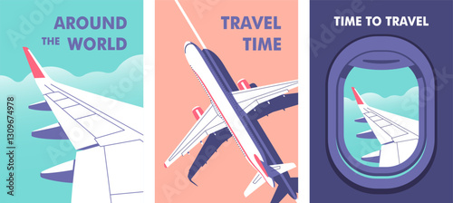 View through the porthole of aircraft. Passenger plane parked on the runway. Travel, journey concept. Perfect background on the theme of season vacation, weekend. Vector illustration.