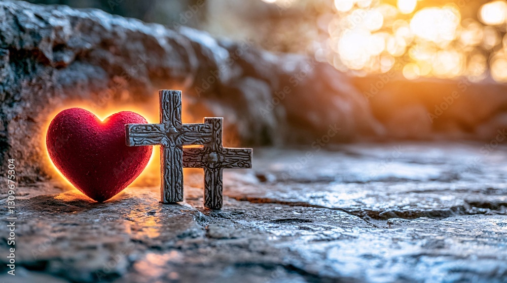 Fototapeta premium close-up of a red heart and two crosses lying on a stone floor, bathed in warm light from behind, creating a glowing halo effect around the symbols. close-up, red heart, two crosses, warm light, 