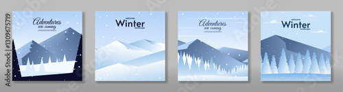Set of flat winter landscape card. Design for card, banner, web. Hills and mountains with forest landscape, snowy backgrounds. Snowy weather. Vector illustration.