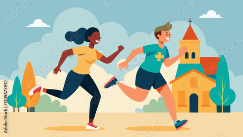 Strangers become fast friends as they run side by side for a common cause at the Church Fundraiser Marathon united by their love for their community.. Vector illustration