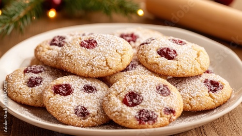 Freshly Baked Cookies Topped with Powdered Sugar and Berries
