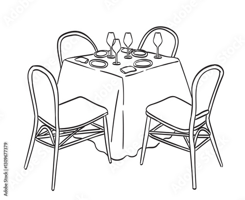 Hand drawn chalk table and chairs illustrations. Tablescape wedding dinner icon. Wine or champagne glass, plates drawings for wedding invitations, cafe menus and parties. Sketch doodle style.