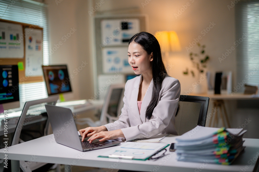 Young business woman using laptop computer and working with financial document at office Young business woman using laptop computer and working with financial document at office