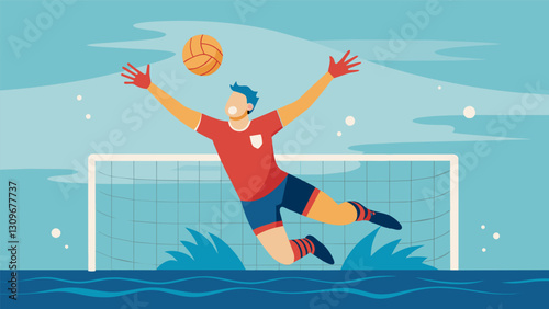 A goalie leaps out of the water arms outstretched in a desperate attempt to block a shot during a highstakes water polo match.. Vector illustration