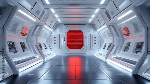 Fototapeta Naklejka Na Ścianę i Meble -  Futuristic corridor in a space station with red accents, illuminated panels, and sleek design