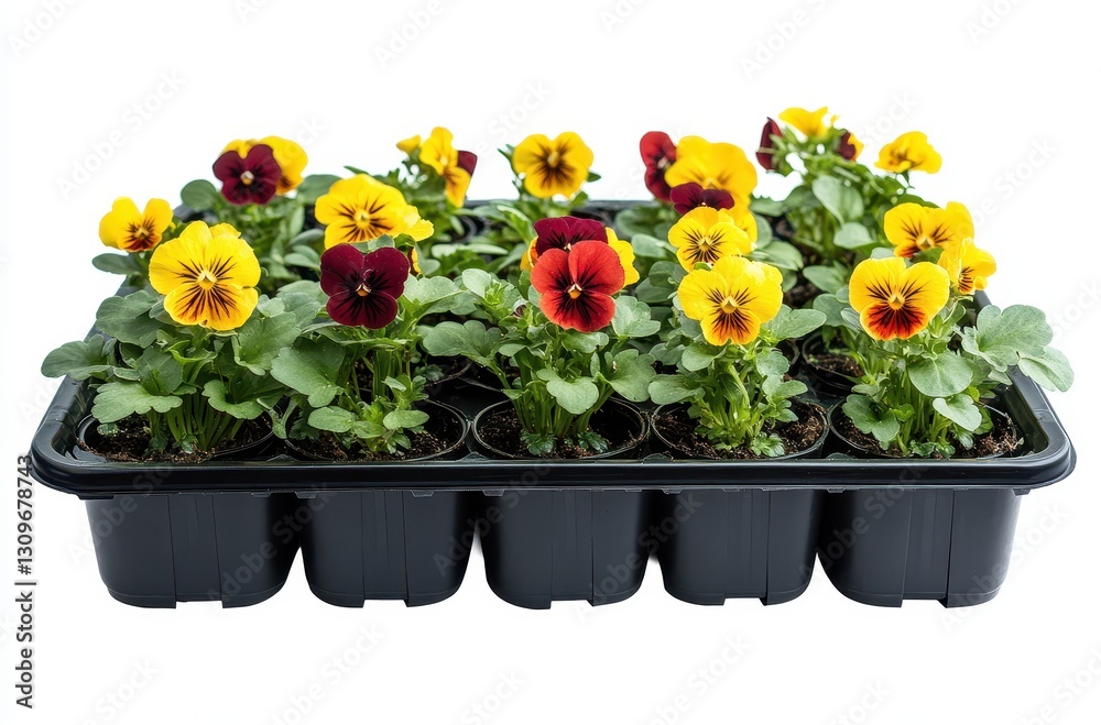 Colorful Pansy Flowers in Black Plant Tray Displaying Yellow and Red Blooms for Garden and Floral Design Inspiration Colorful Pansy Flowers in Black Plant Tray Displaying Yellow and Red Blooms for Garden and Floral Design Inspiration