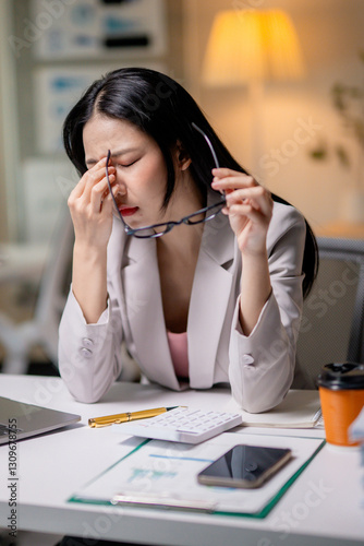 Tired asian manager feeling eye strain after using laptop computer working late at night