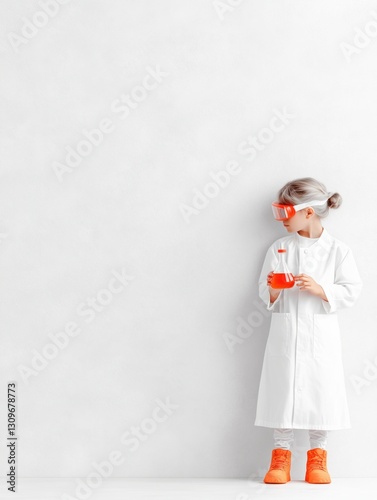 A child in a white lab coat and orange boots holds test tubes filled with bright liquids. She stands against a plain white wall, focused and ready to experiment