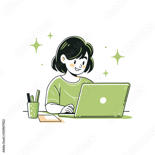 Vector stylized illustration of a woman working on a laptop at a tidy desk with stationery. Modern, productive, and focused design.