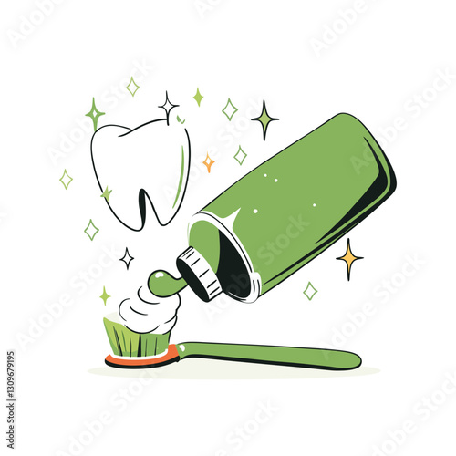Toothpaste and toothbrush illustration promoting oral hygiene, fresh breath, and dental care with a sparkling tooth symbolizing cleanliness and health.