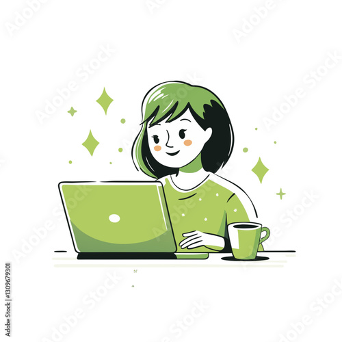 Vector stylized illustration of a woman working on a laptop with a cup of coffee. Modern, productive, and relaxed design.