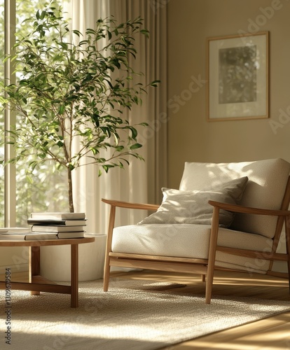 Cozy and Airy Living Room with Minimalist Furnishings Featuring a Comfortable Chair, Natural Light, and a Decorative Indoor Plant