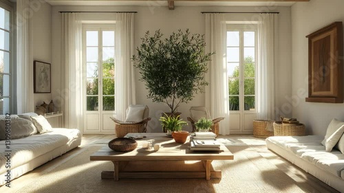 Wallpaper Mural A bright and cozy living room with a white sofa, wooden coffee table, and potted plants in the middle, vertically oriented Torontodigital.ca