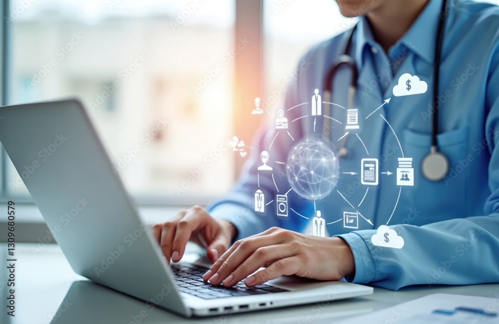 Doctor using laptop. Connection server data base patient for tech treatment in hospital. Online agreement, medical data processing, research, innovative healthcare service, modern clinic management. Doctor using laptop. Connection server data base patient for tech treatment in hospital. Online agreement, medical data processing, research, innovative healthcare service, modern clinic management.