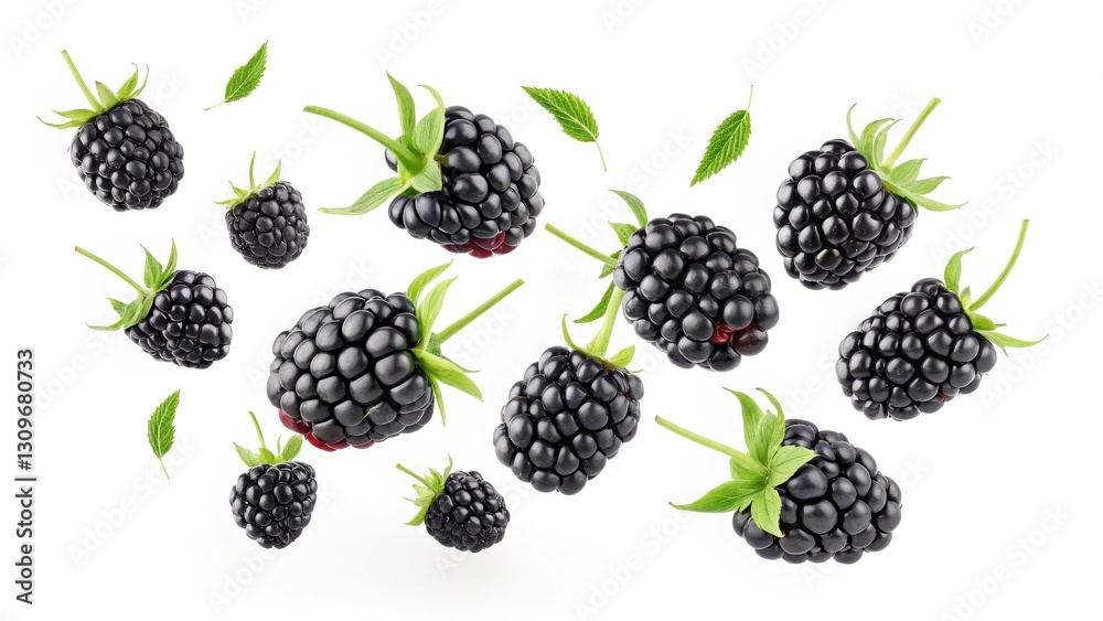 Floating Fresh Blackberries with Green Leaves on White, Fruit, Food Photography Floating Fresh Blackberries with Green Leaves on White, Fruit, Food Photography