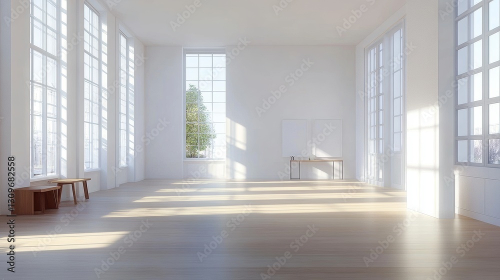 bright minimalist empty room with large windows and sunlight