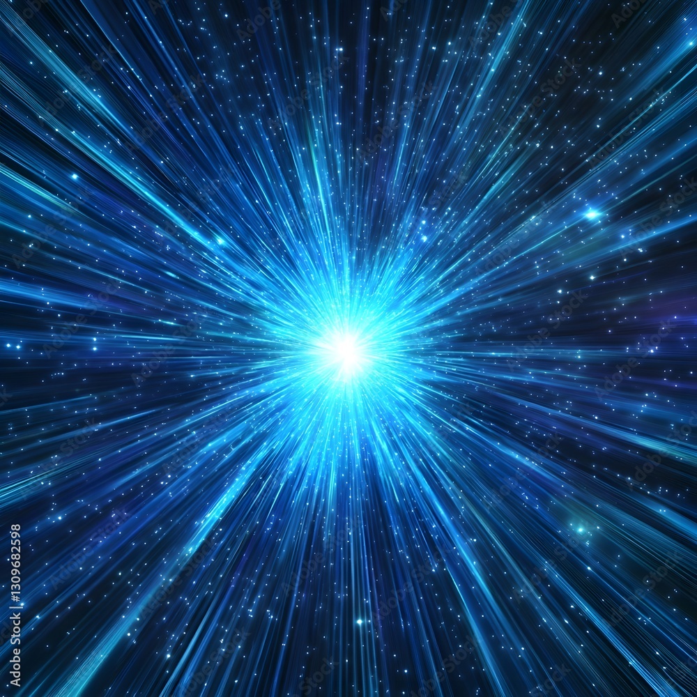 Fototapeta premium Bright Blue Burst of Light with Radiating Energy and Stars in Galaxy