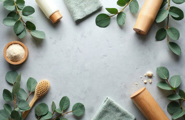 Frame border design with body care products and eucalyptus leaves on grey concrete background. Top view flat lay composition with natural treatment elements for wellness, spa, bodycare concepts.