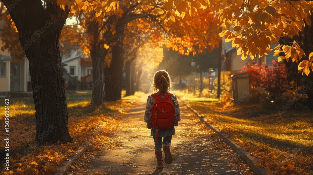 little girl walking to school on a fall day little girl walking to school on a fall day