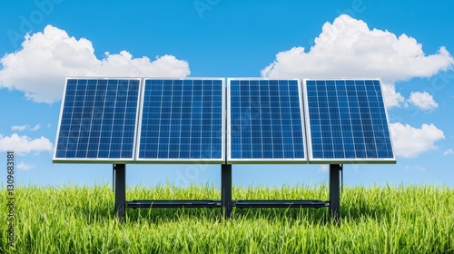 Innovative Solar Panels in a Clean Green Field Under a Bright Blue Sky