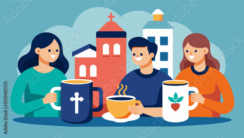 The class takes a break to admire their creations ranging from mugs with Bible verses to decorative plates with the church logo.. Vector illustration