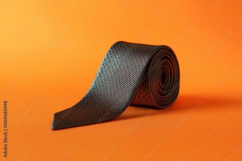 A rolled up gray necktie laying on a vibrant orange backdrop A rolled up gray necktie laying on a vibrant orange backdrop