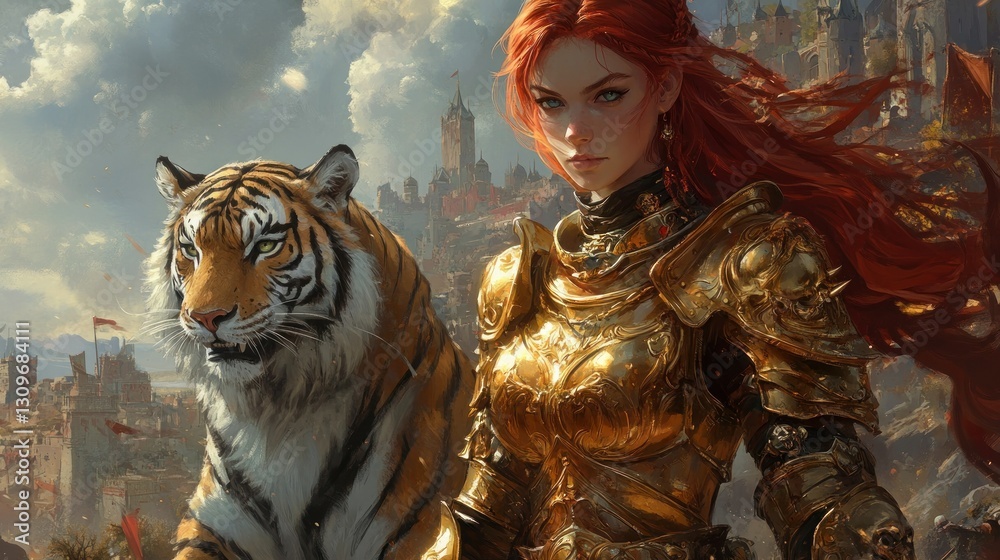 Fototapeta premium A red-haired woman wearing golden armor, standing with her tiger companion. background wallpaper AI generated image