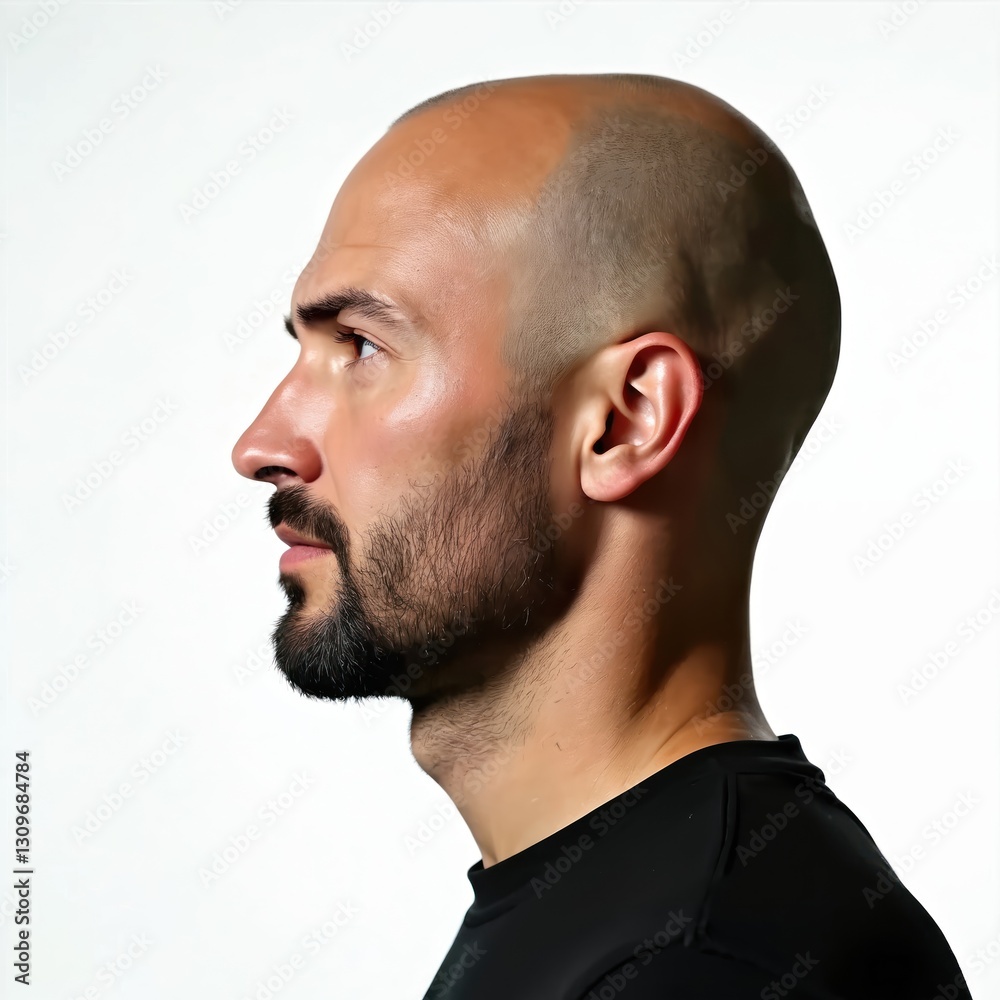 Obraz premium Sideway profile portrait of bald man with beard isolated on transparent white background. Bearded guy looks left. Headshot of confident male in casual attire, perfect for design mockups.