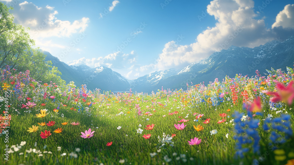 Vibrant wildflower meadow with mountain backdrop, sunny atmosphere, picturesque landscape, copy space Vibrant wildflower meadow with mountain backdrop, sunny atmosphere, picturesque landscape, copy space