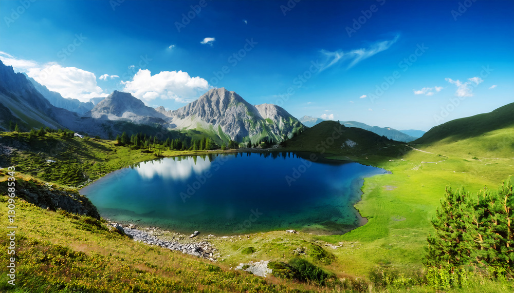 Alpine Serenity: A breathtaking panoramic vista of a crystal-clear alpine lake nestled amidst towering mountains, verdant meadows, and a vibrant blue sky. Alpine Serenity: A breathtaking panoramic vista of a crystal-clear alpine lake nestled amidst towering mountains, verdant meadows, and a vibrant blue sky.