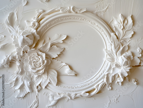 Round white stucco frame with asymmetrical decoration of flowers and leaves. photo