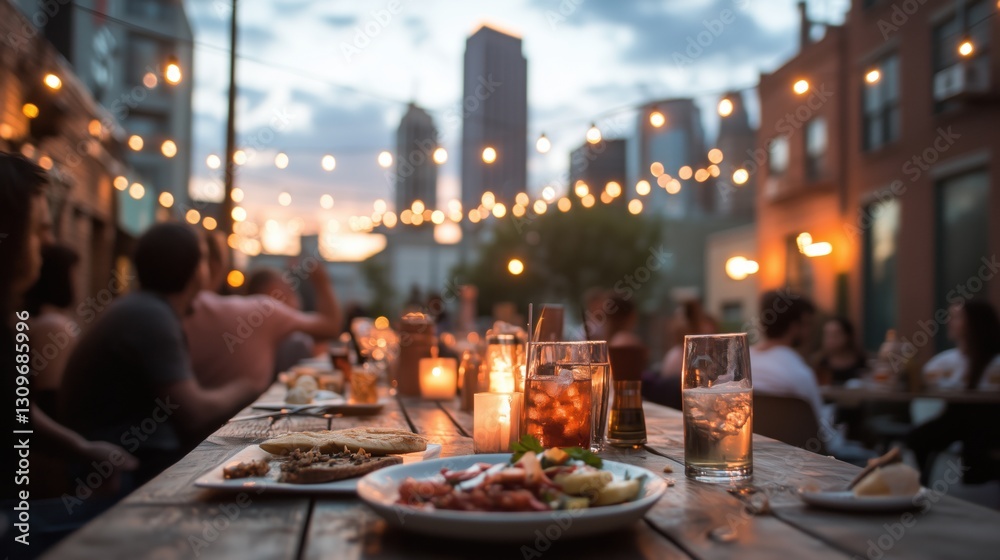 Fototapeta premium People enjoy a vibrant evening outdoors at a restaurant, surrounded by friends, food, and drinks, with city lights twinkling in the background