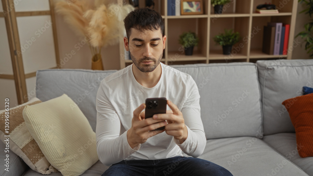 Fototapeta premium Young man using smartphone indoors on a comfortable sofa in modern living room suggests relaxation and technology at home.