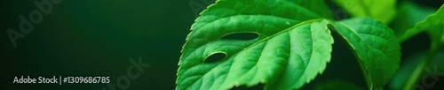 Large leaves with holes and splits on a dark green plant stem, split leaf, greenery, holey leaves