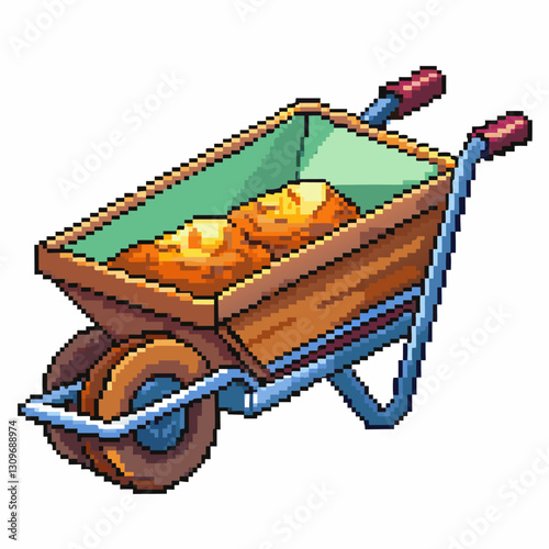 Pixel Art Wheelbarrow with Freshly Harvested Pumpkins in Retro Style