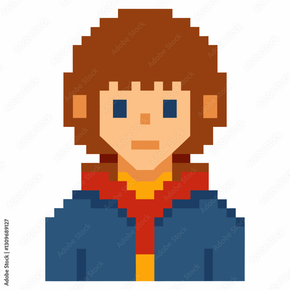 Fototapeta premium Retro Pixel Art Character with Brown Hair and Blue Jacket on White Background