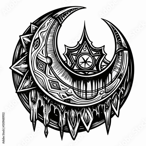 Intricate Gothic Crescent Moon with Ornate Patterns and Mystical Symbols