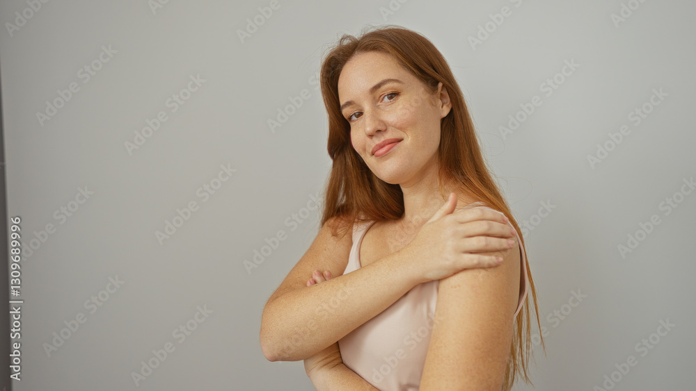 Woman posing confidently with fair skin and long red hair against a plain white background, exuding beauty and elegance in an isolated studio setting.