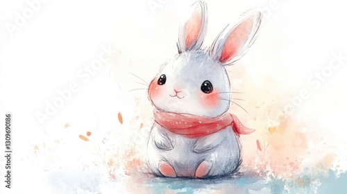 A cute fluffy bunny wearing a scarf in watercolor style