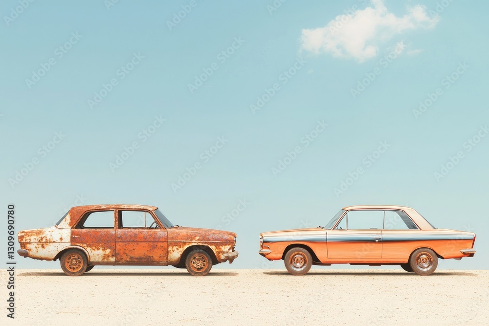 Obraz premium Before and After concept showing old rusty car transforming into new shiny car