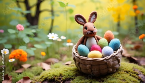 knitted easter bunnies with a basket of eggs

