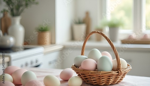 easter eggs in a basket in a sunny kitchen

