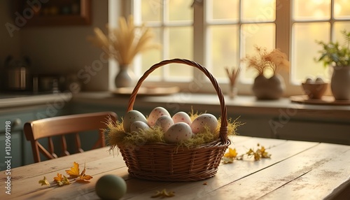 easter eggs in a basket in a sunny kitchen

