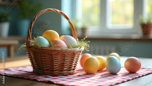 easter eggs in a basket in a sunny kitchen

