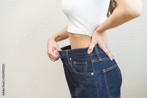 Shape slender, thin waist, slim fit asian young woman, showing body shape her weight loss, happy wearing in big, large or oversize jeans, excess lose by diet and exercise. Healthy lifestyle concept