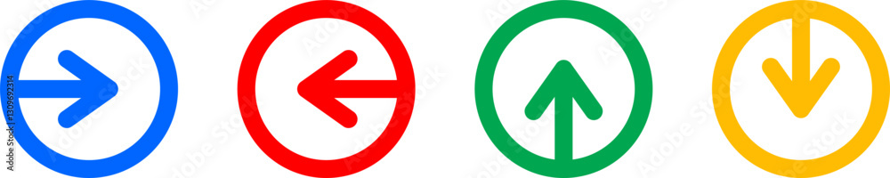 Next, left, right, up, down arrow icon vector on round button set. Vector illustration Next, left, right, up, down arrow icon vector on round button set. Vector illustration