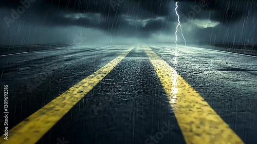 Dramatic thunderstorm over a deserted road at night with heavy rain and flashes of lightning illuminating the sky