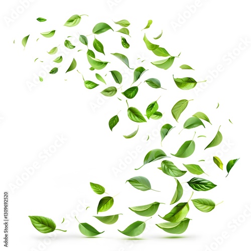 Green Leaves Flowing In a Creative Burst on White Background