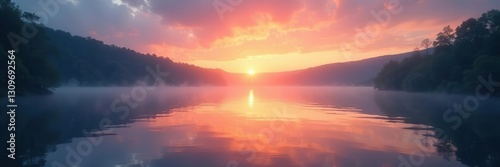 Peaceful lake at dawn with a soft glow of sunrise, water, serenity, stillness