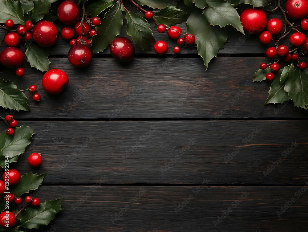 Dark Wood Background with Red Berries and Holly Dark Wood Background with Red Berries and Holly